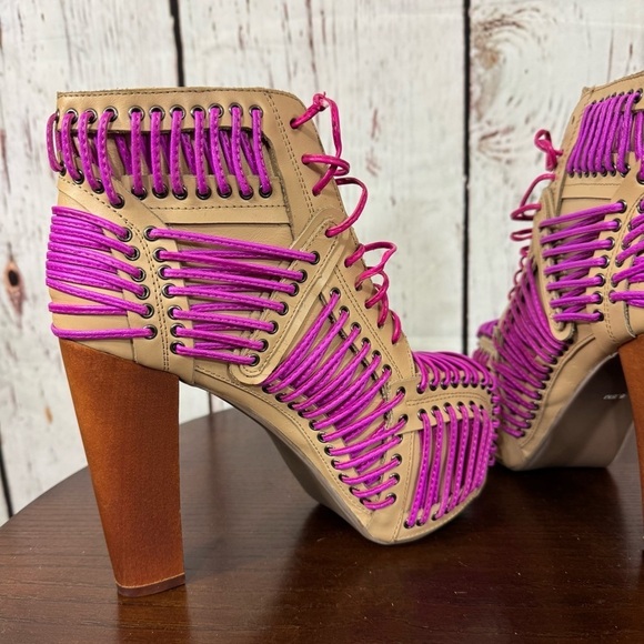 JEFFREY CAMPBELL LITA LACED in Neon Pink & Purple On Tan Leather Ankle Boots 6.5 - Picture 11 of 16